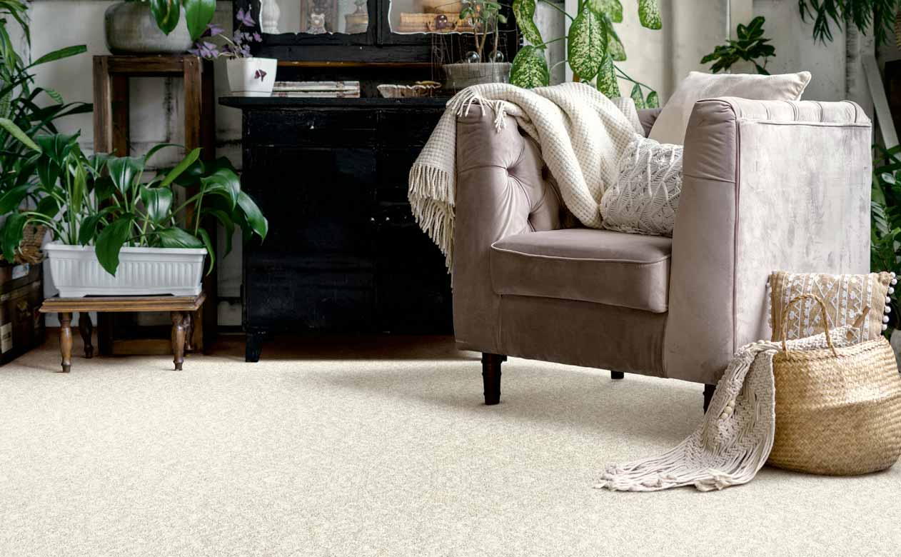 cream colored carpet in a living room with a velvet accent chair